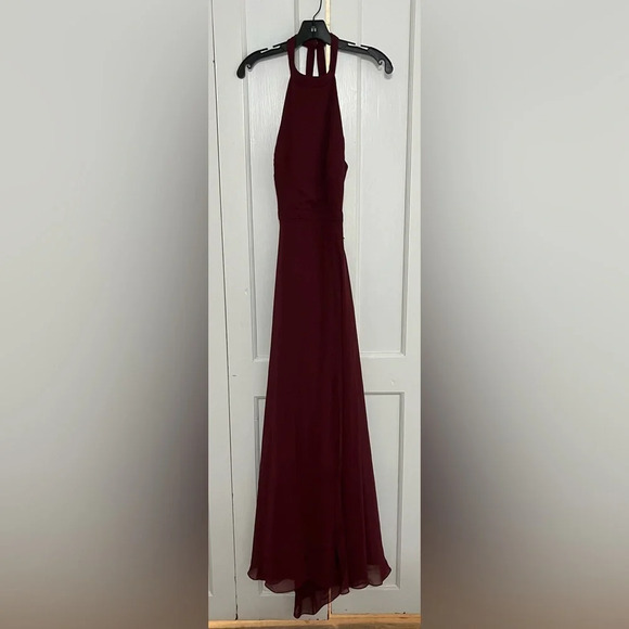 Dessy Collection Stand Collar Halter Maxi Dress With Criss Cross Open-Back 3082 - Picture 4 of 8
